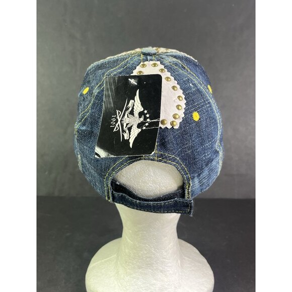 NEW Denim & White Ball Cap Hat Imitation Ostrich Skin Studs Adjustable Strap - Picture 5 of 8